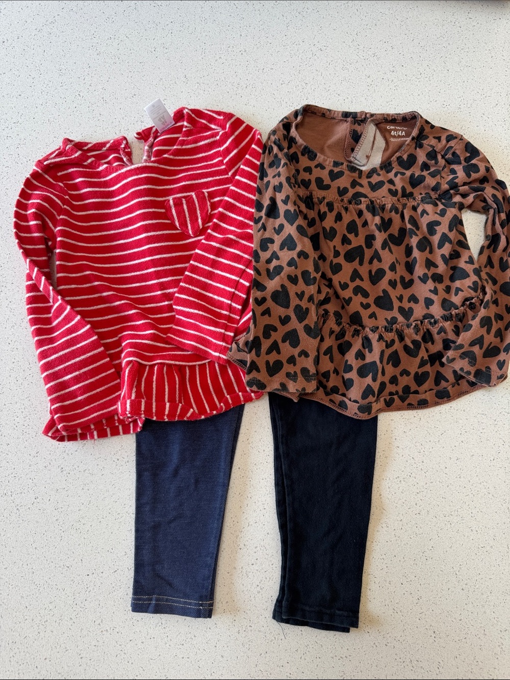 Carter's Red Stripe Long-Sleeve Top & Brown Heart Print Top Set - girls lot.